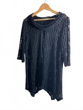 Yushi Size L Open Knit Cowl Neck Cardigan Black 3/4 Sleeve Casual
